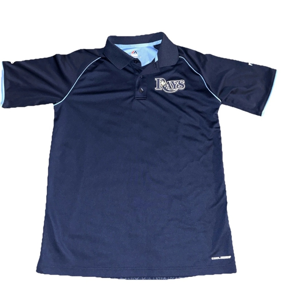 Men's Majestic Cool Base Tampa Bay Rays Navy Alternate Rays Logo SS Polo M
